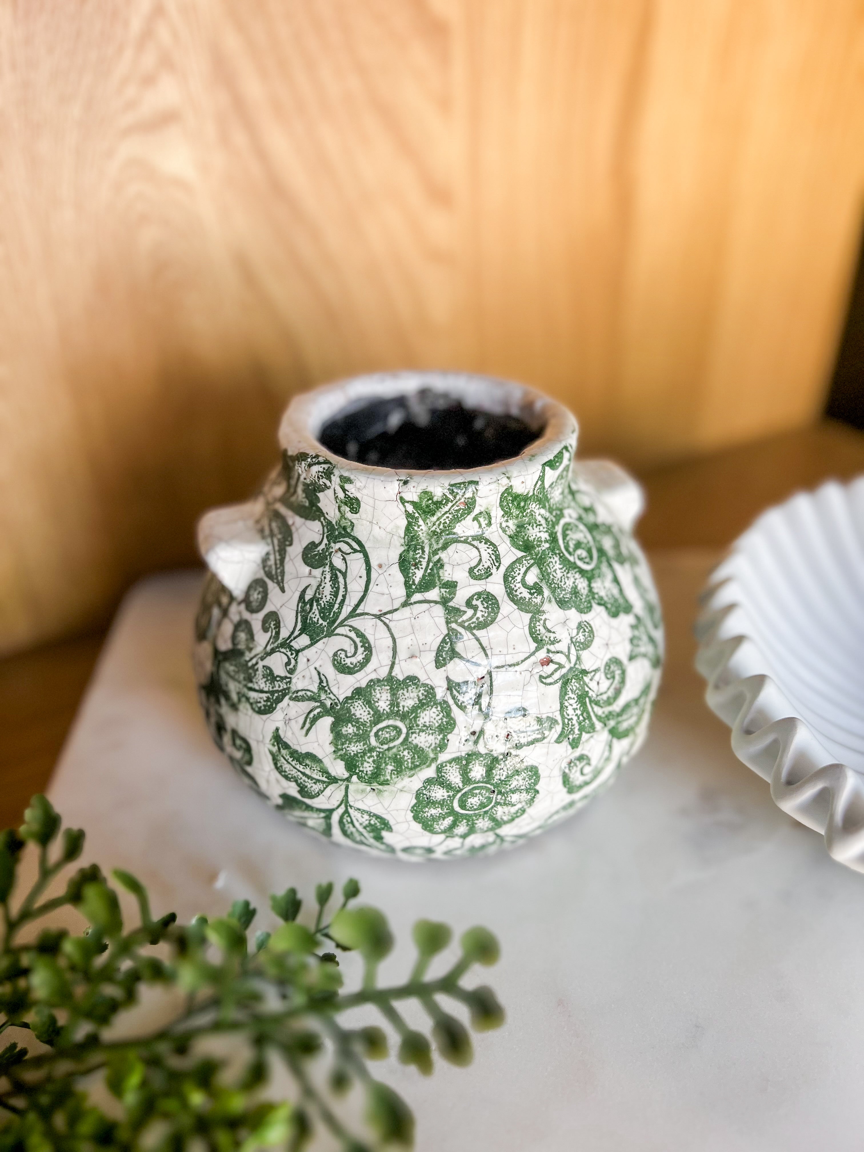 Round Green Floral Squat Vase