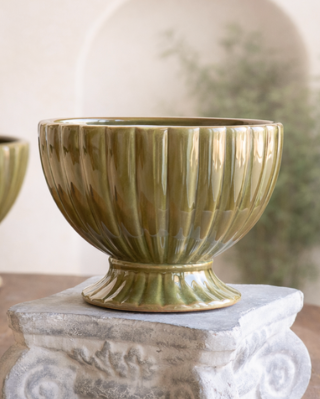 6" Vintage Green Ribbed Planter