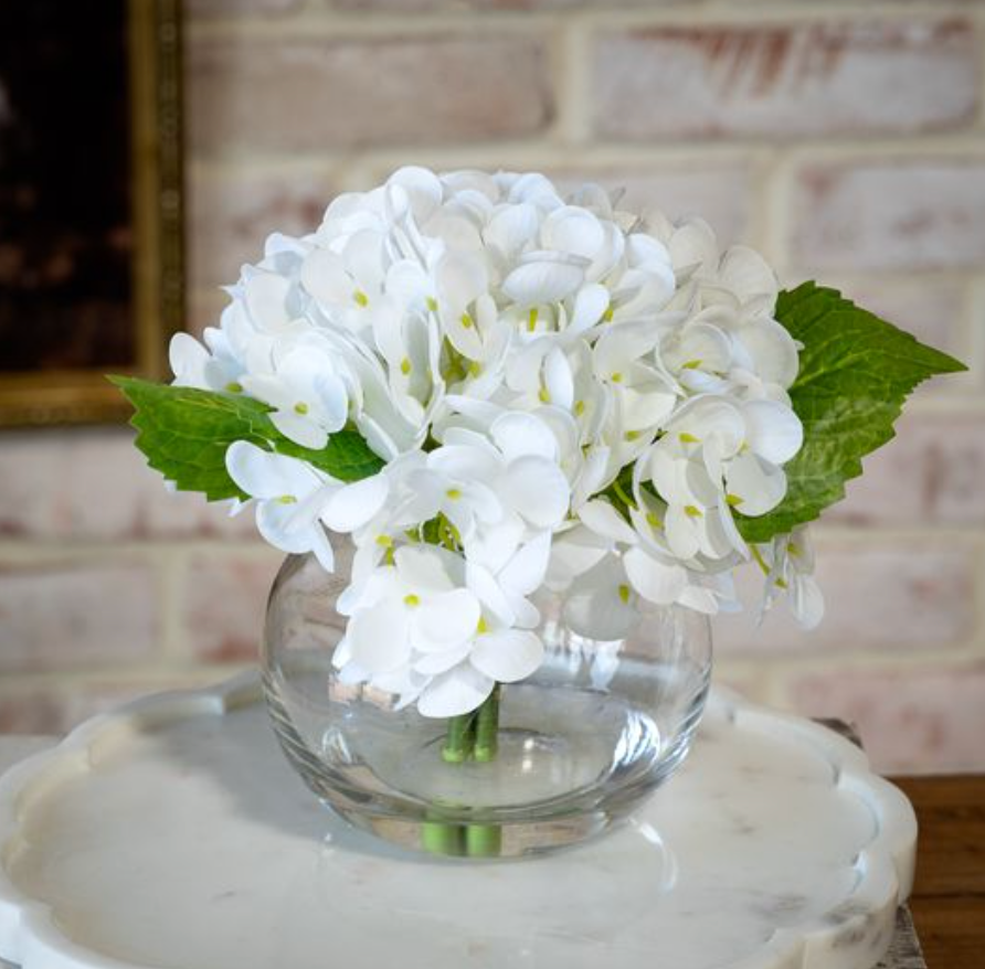 8" White Hydrangea In Glass Vase