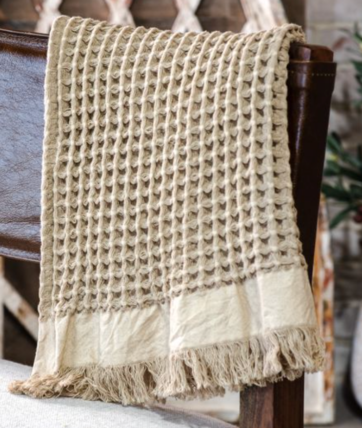Natural Waffle Knit Fringe Throw Blanket | 50x60"