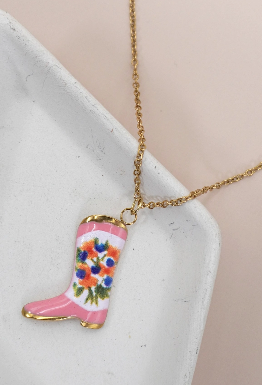 Floral Cowboy Boot Pendant Necklace