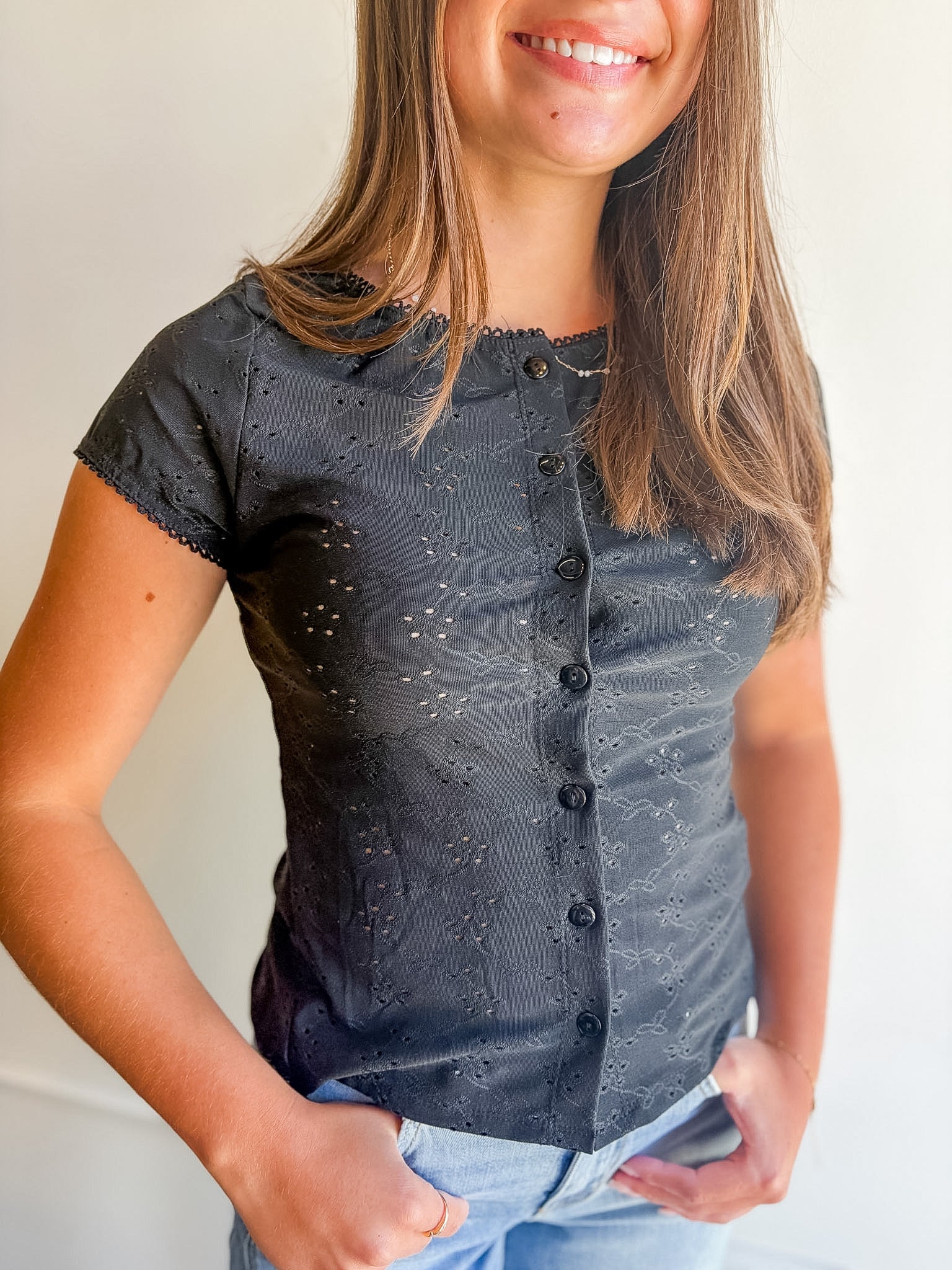 Eyelet Button-Front Cap Sleeve Top