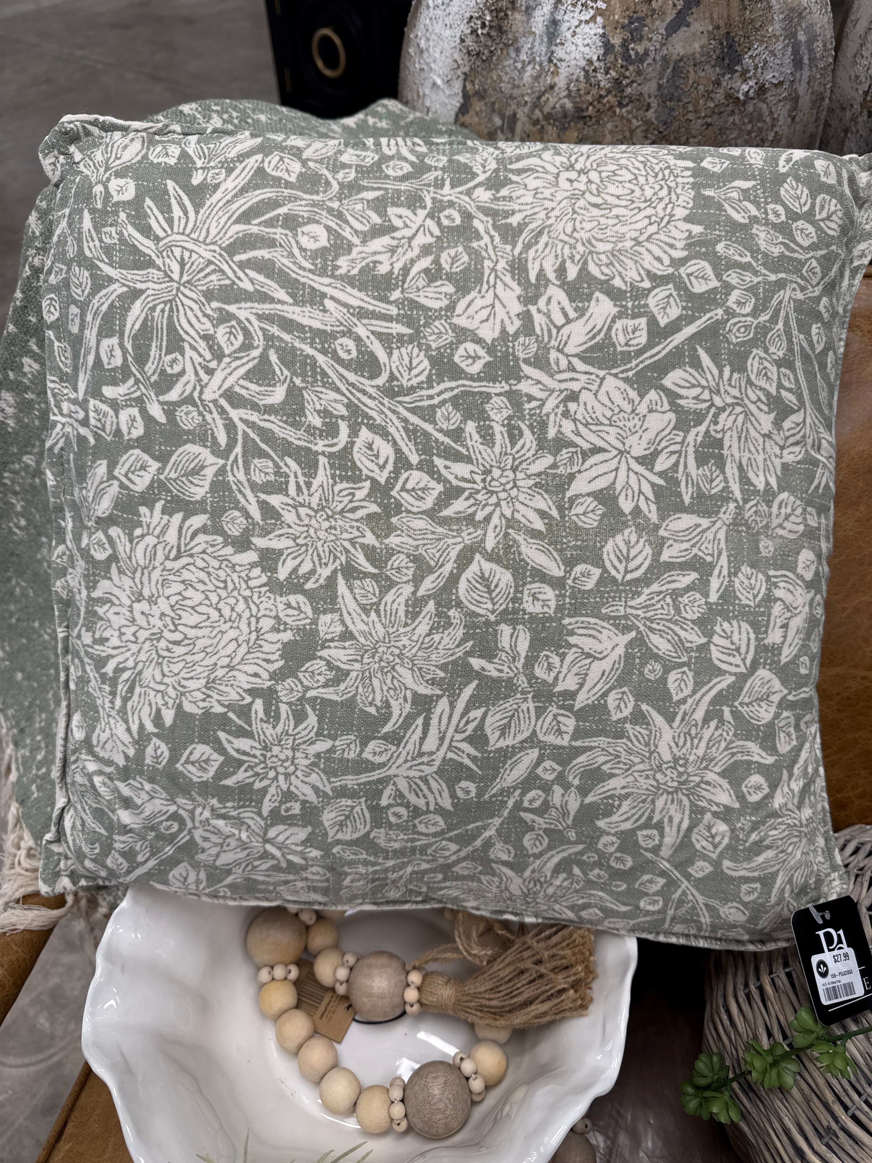16" X 16" Light Olive Floral Pillow