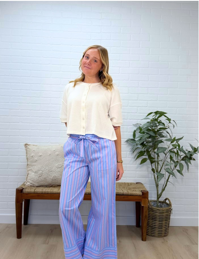 Striped Poplin Straight Pants
