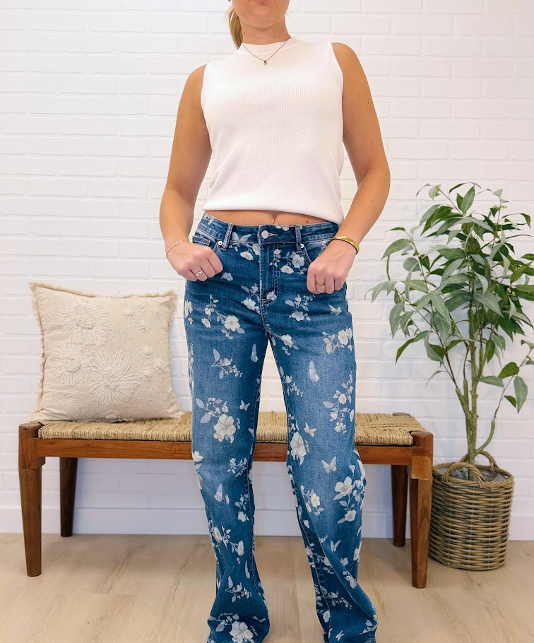 Hr Wide Leg  Floral Embellishment Denim