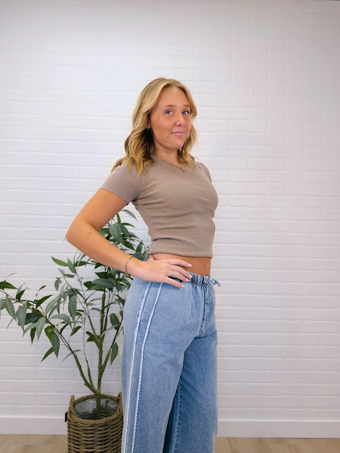 Lace Trim Wide Leg Denim Pants