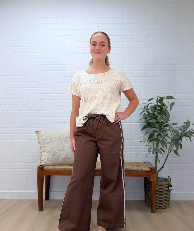 Side Lace Trim Cotton Denim Wide Leg Pull On Pants