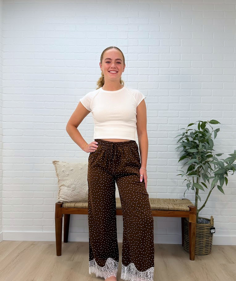 Satin Polka Dot Wide Leg Pull On Wide Leg Pants With Bottom Lace
