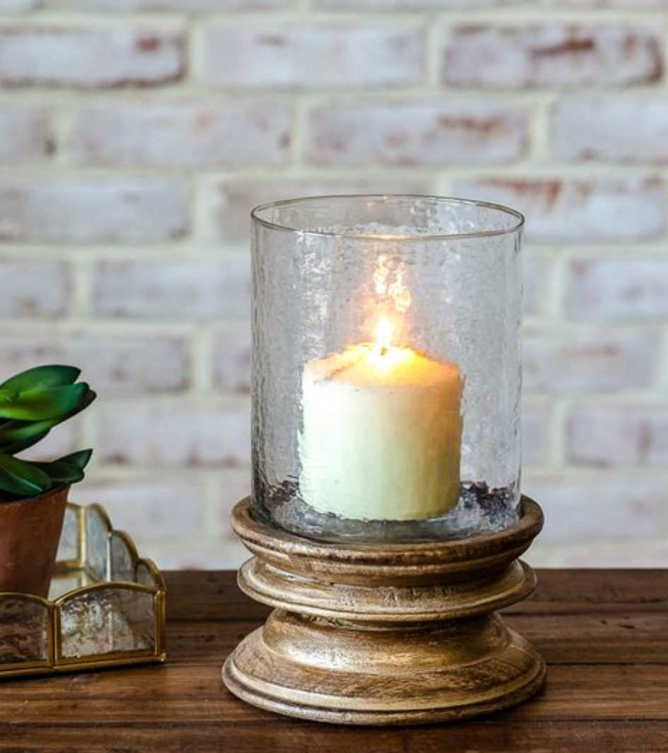 8.5" Gold Brush Wood Pillar Holder