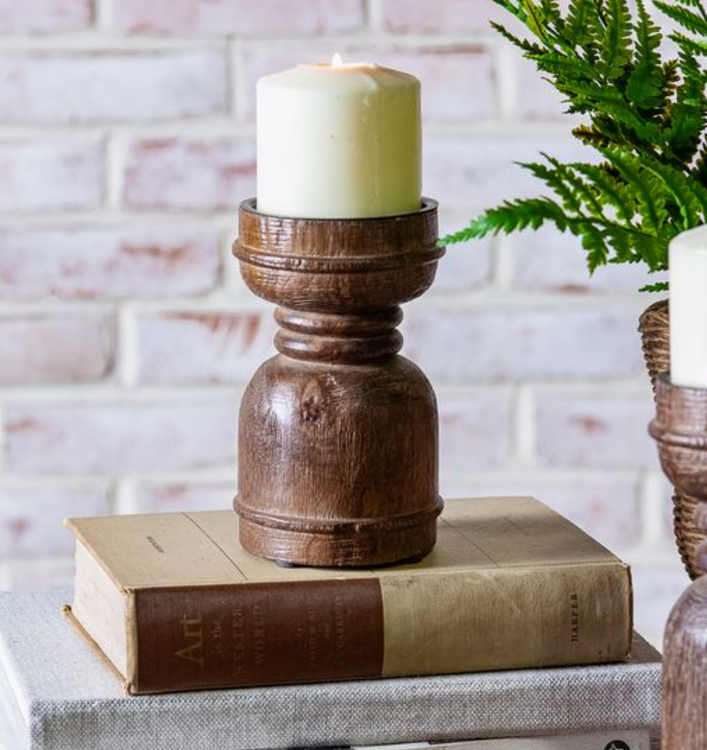 6.25" Dark Wood Column Candle Holder