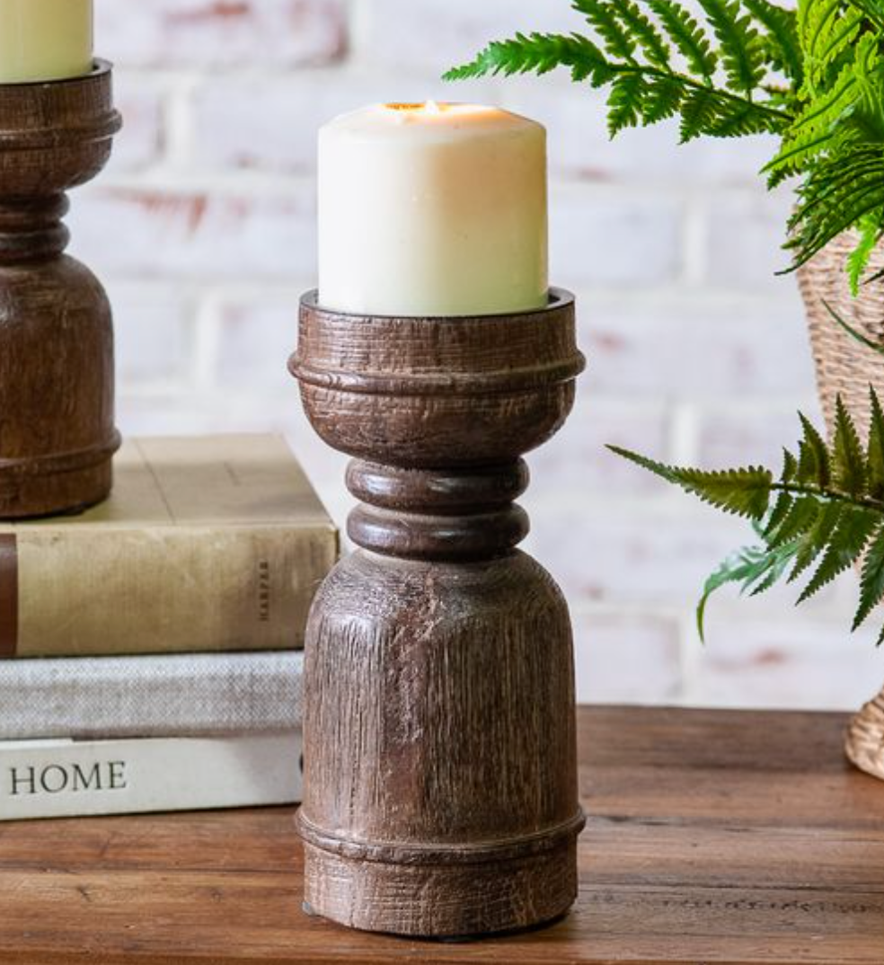 8" Dark Wood Column Candle Holder