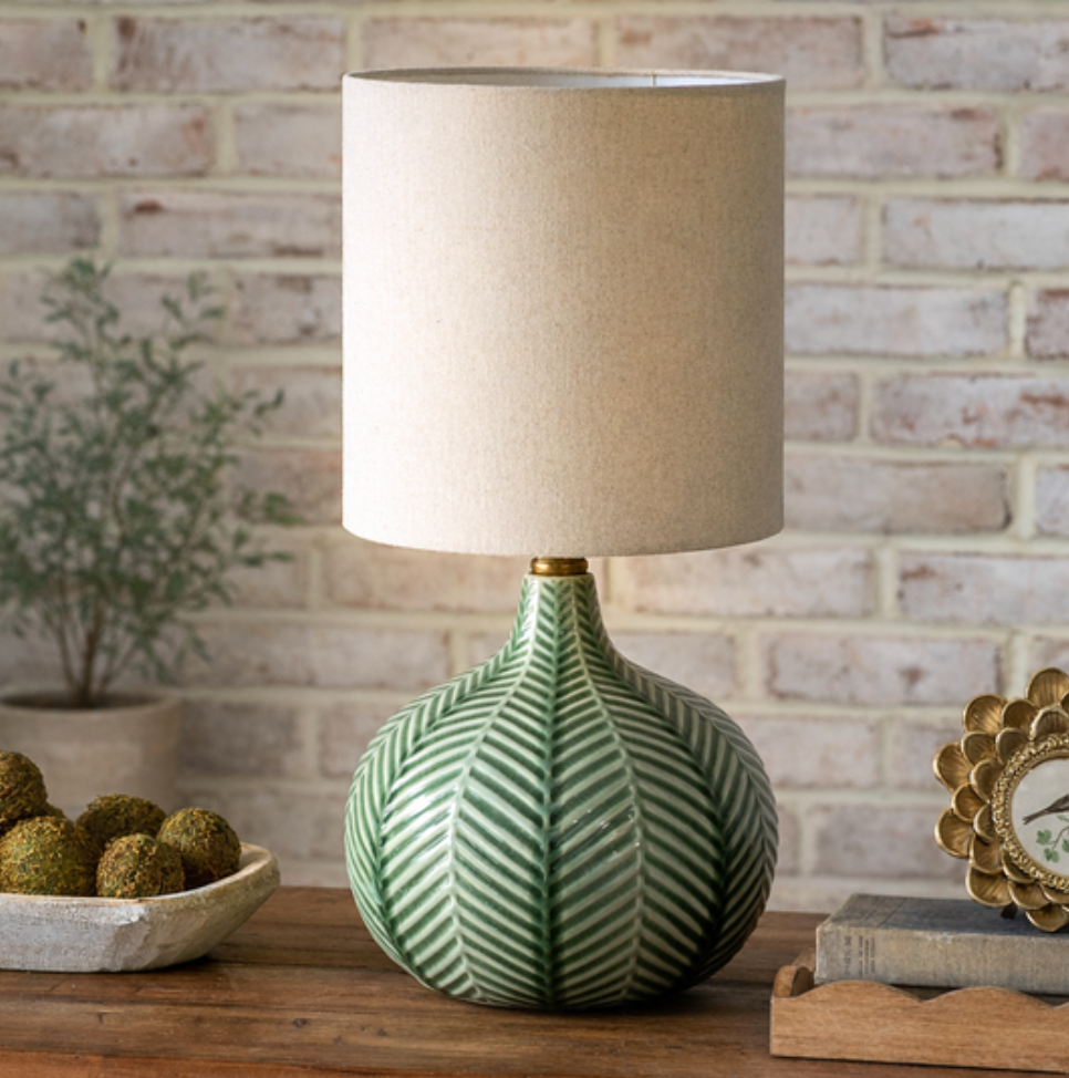 15.5" Green Leaf Pattern Ceramic Lamp