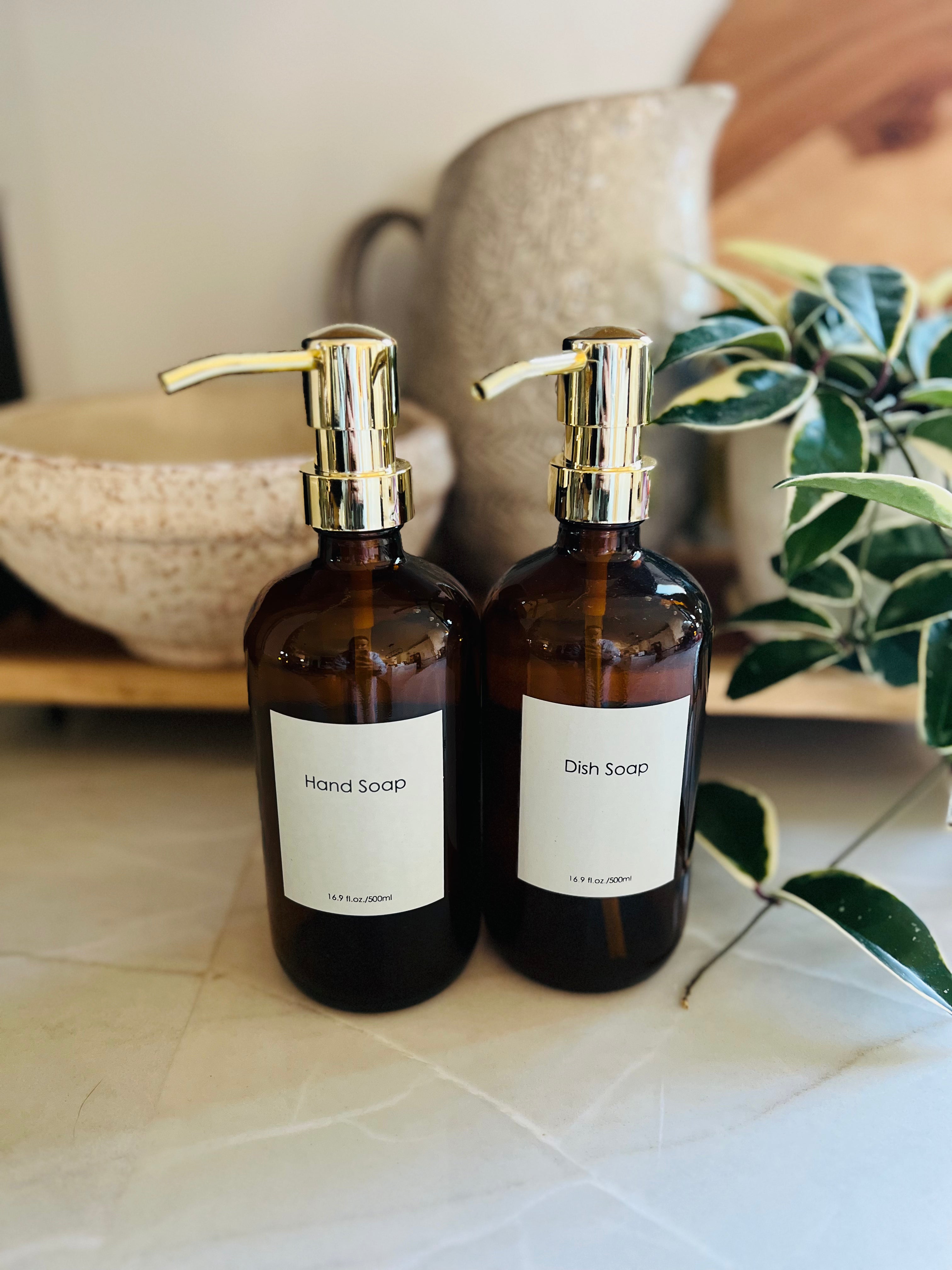 Set of (2) Amber Glass Soap Pumps