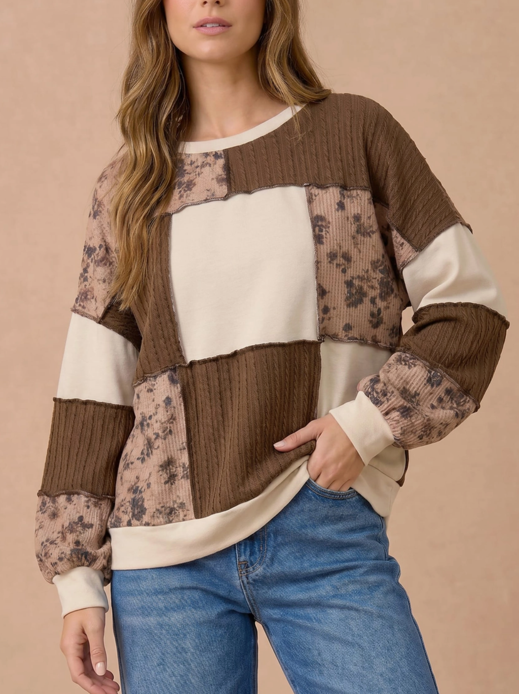 Curvy Floral + Cable Knit Patchwork Top