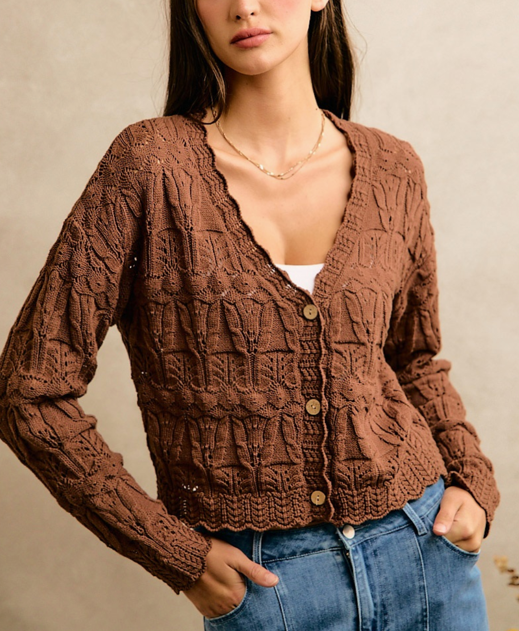 Scallop Edge Sweater Button Top