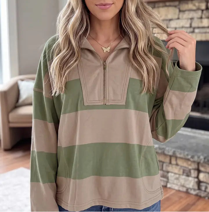 Striped Colorblock Zipper Pullover Long Sleeve Loose Top