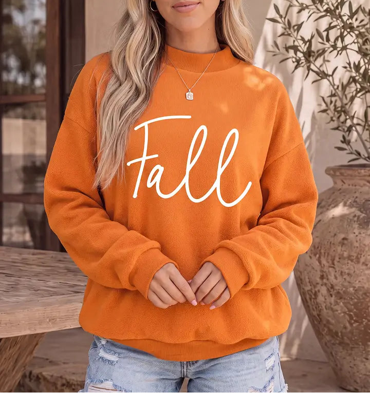 Pumpkin/fall Letter Print Mock Neck Pullover Sweatshirt