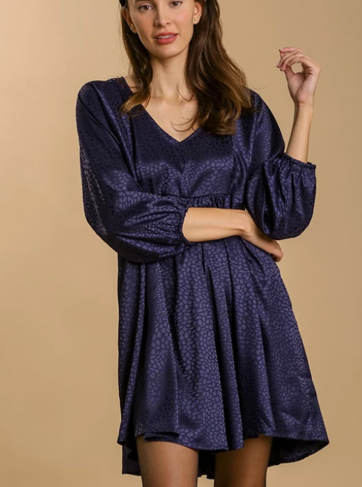 Animal Print Long Puff Sleeve V-neck Babydoll Dress