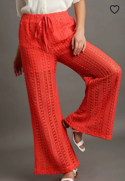 Crochet Lace Fabric Pants With Elastic Waistband & Drawstring Detail