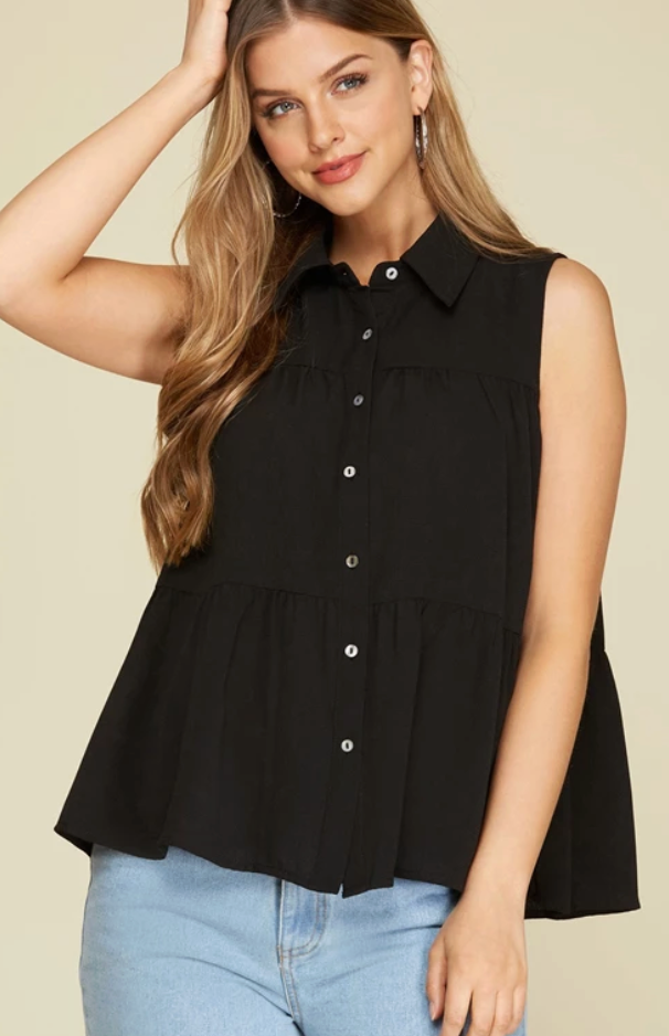 Sleeveless Woven Tiered Button Down Shirt Top