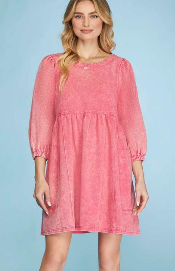 3/4 Sleeve Wash Twill Babydoll Dress With Side Pockets