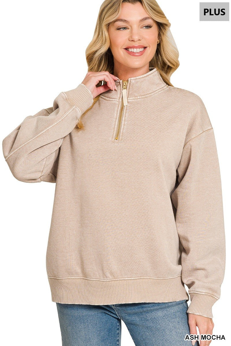 Plus Acid Wash Fleece Half Zip Sweatshirts