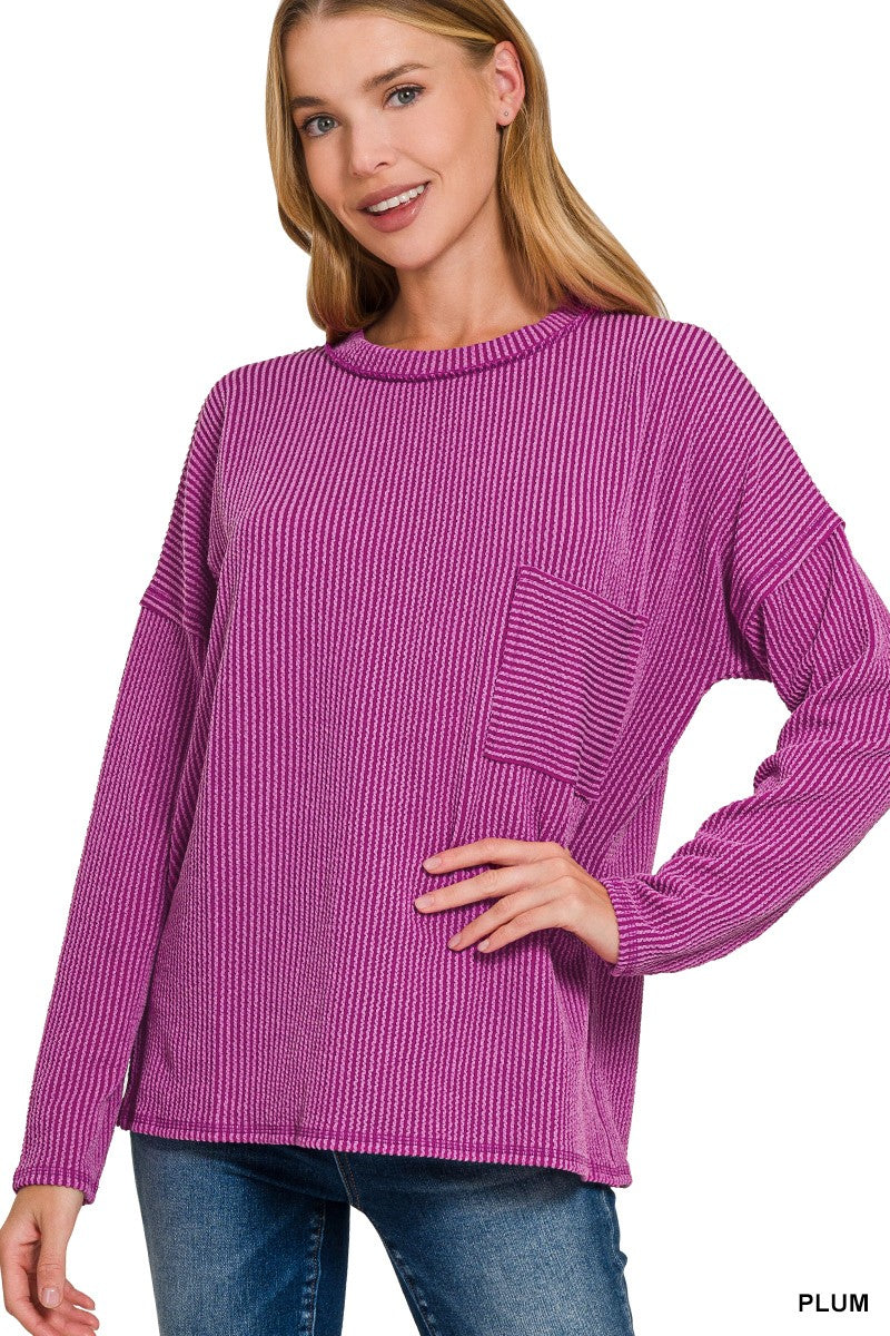 Raised Rib Long Sleeve Drop Shoulder Top