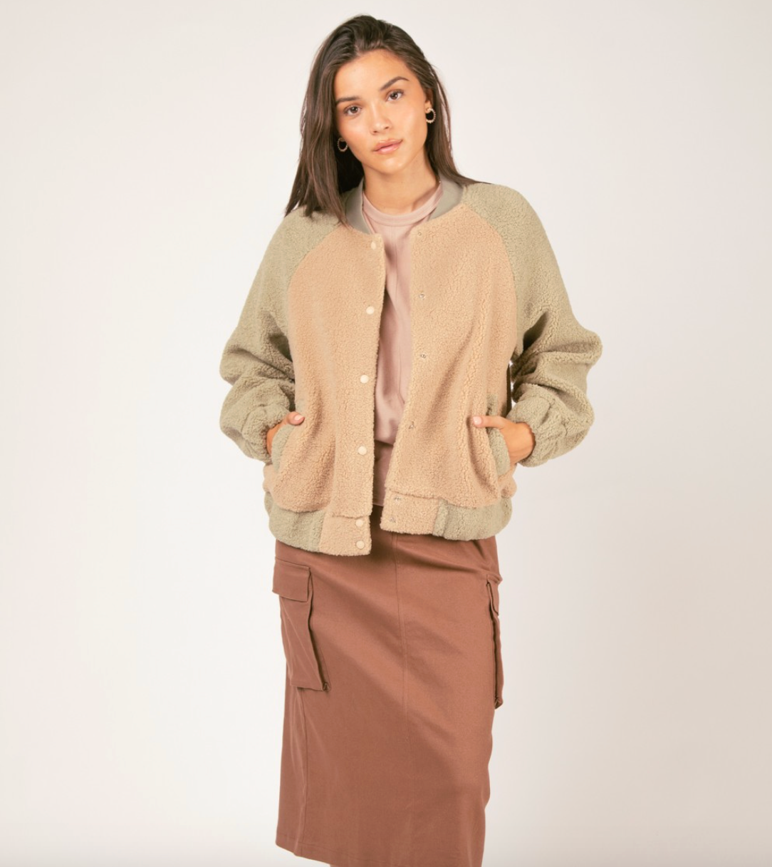 Raglan Sleeve Oversized Color Block Fleece Jacket
