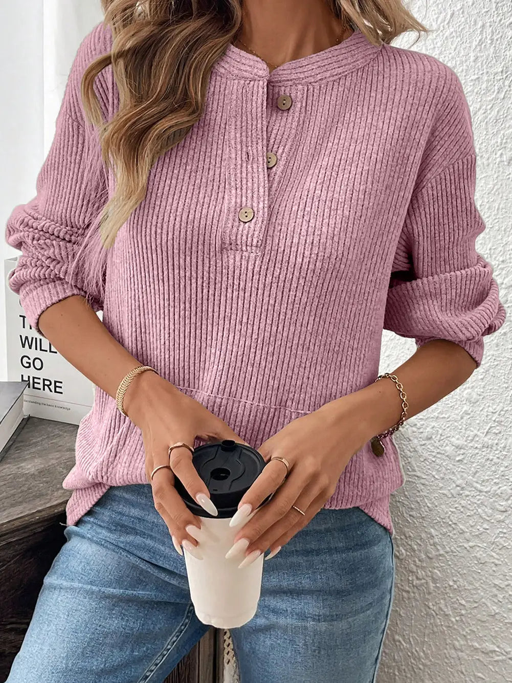 Ribbed Texture Drop Shoulder Henley Knit Top