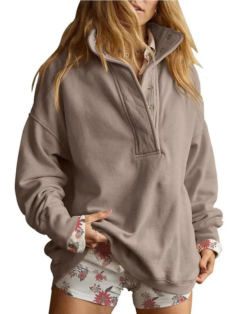 Solid Fleece Sweatshirt Casual Oversized Snap Collar |