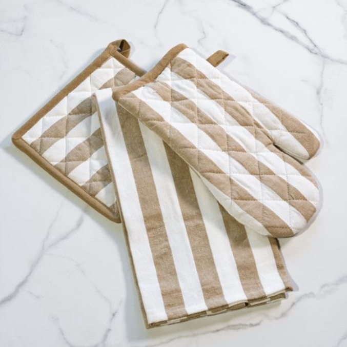 Beige Stripe Oven Mitt/pot Holder/towel Set