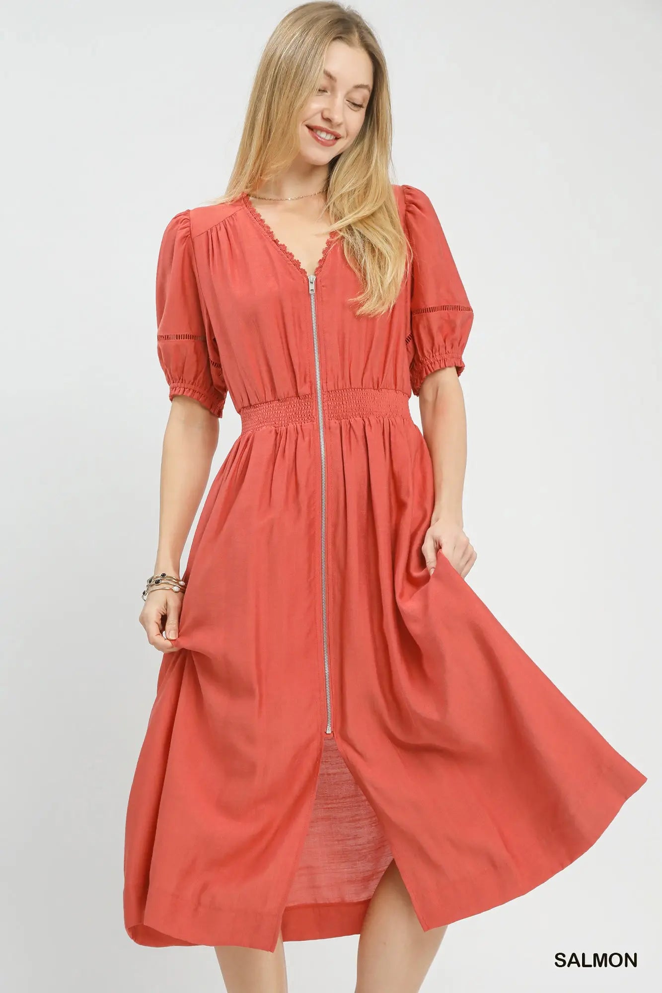 *FINAL SALE* Zip Front Smocked Waist Midi Dress