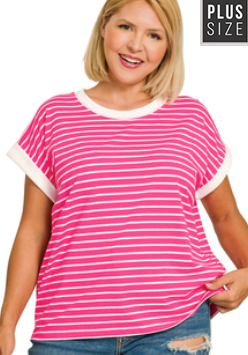 *FINAL SALE* Curvy Contrast Trim Cap Sleeve Stripe Tee