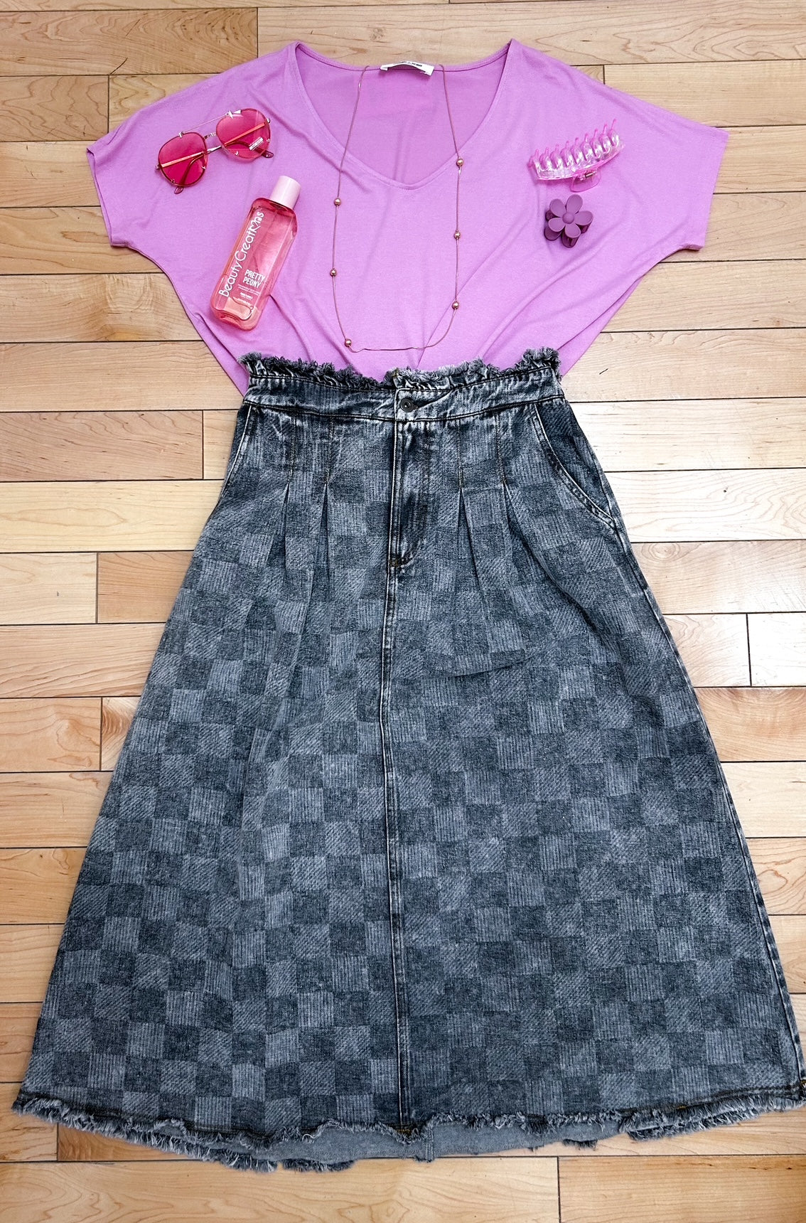 FINAL SALE - GREY CHECKED WASHED CHECKERED DENIM MIDI SKIRT
