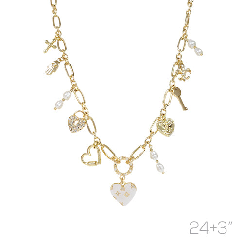 Wh-g G Multi Heart Charm Necklace Len:24+3in
