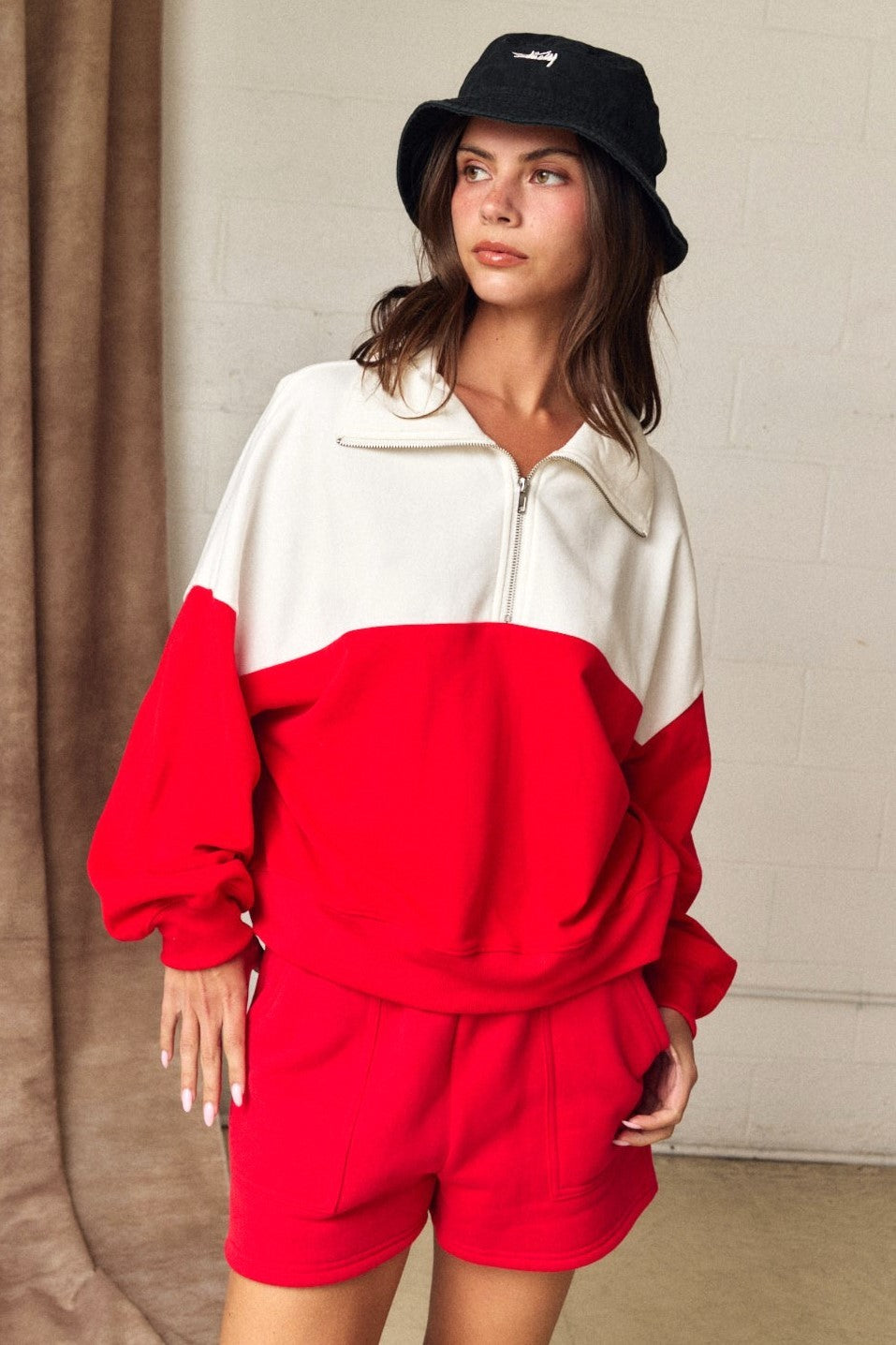 Half Zip Pullover Relaxed Fit | White/red