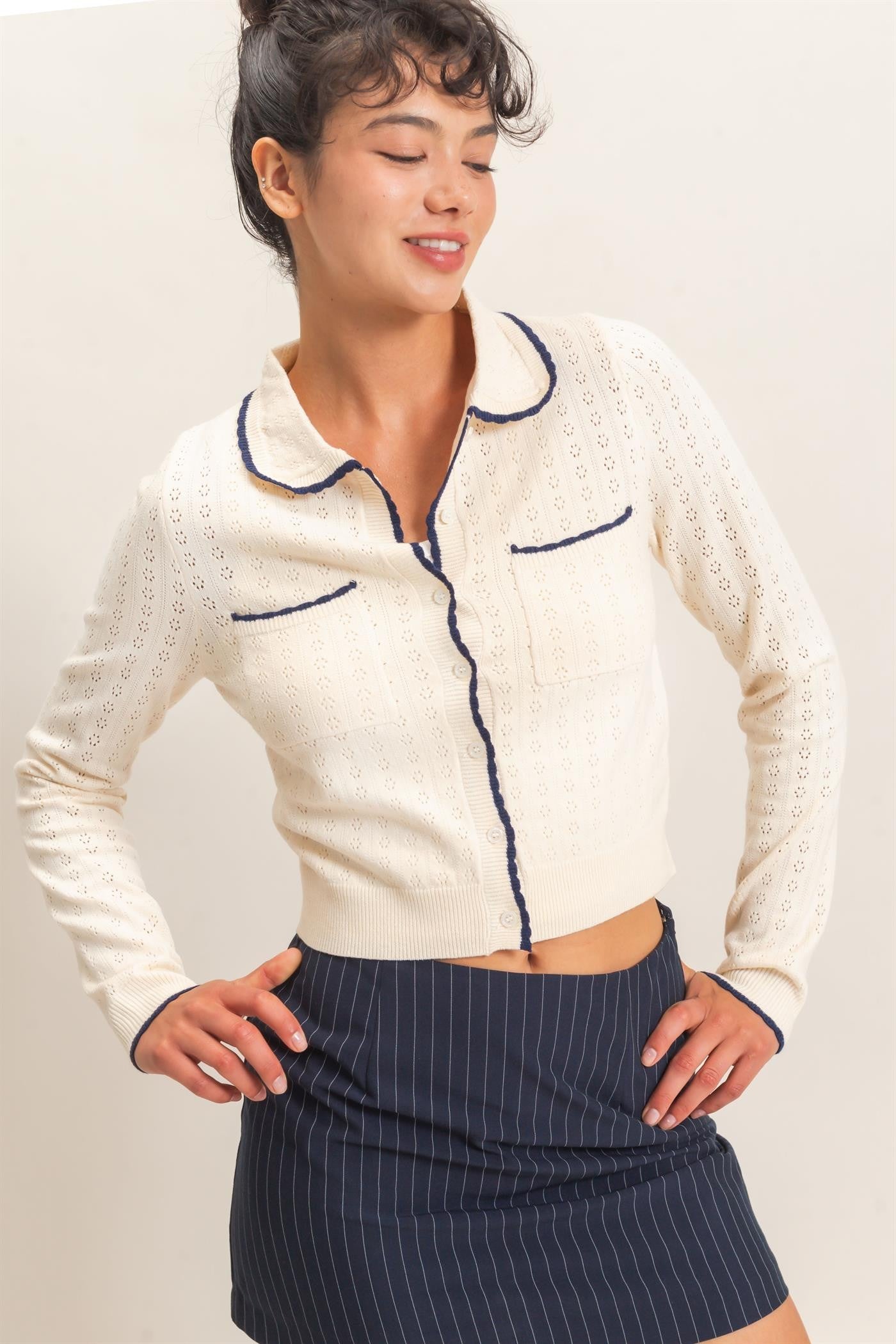 Collared Pointelle Knit Cardigan