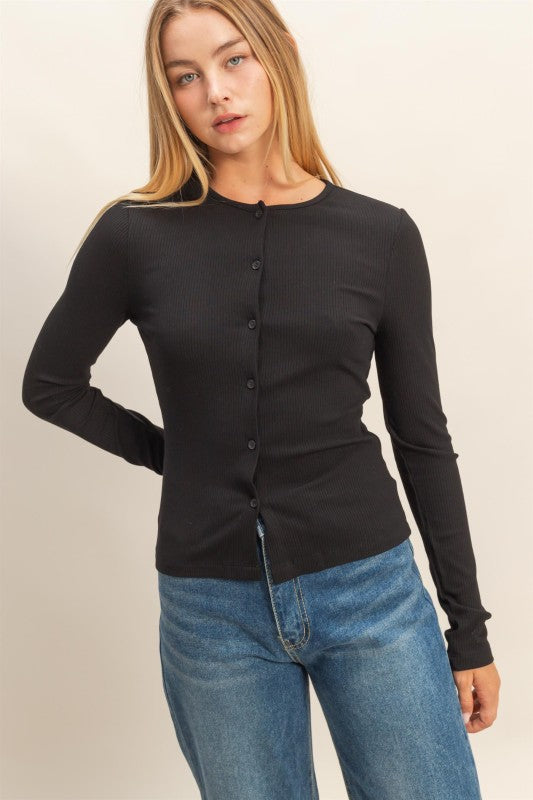 Button Front Ribbed Knit Top