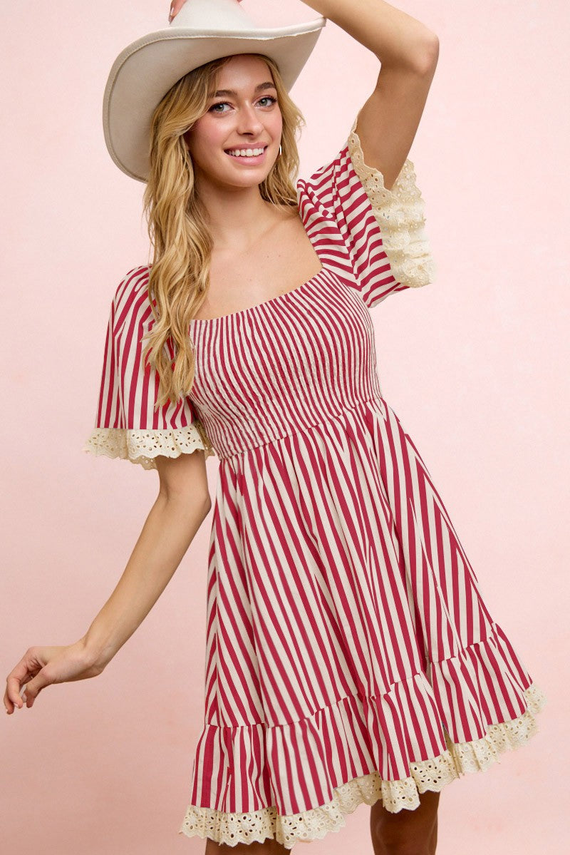 Striped Eyelet Ruffle Trim Dress