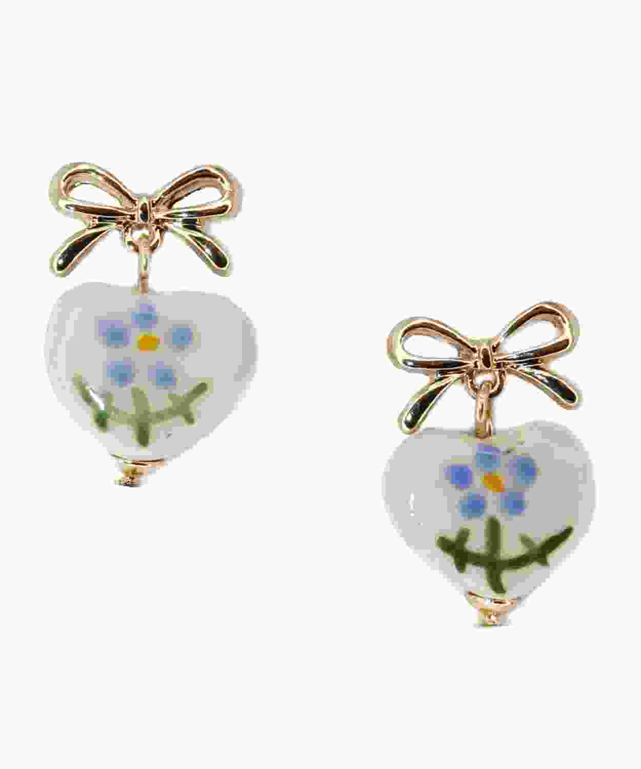 Ribbon Flower Heart Ceramic Earring