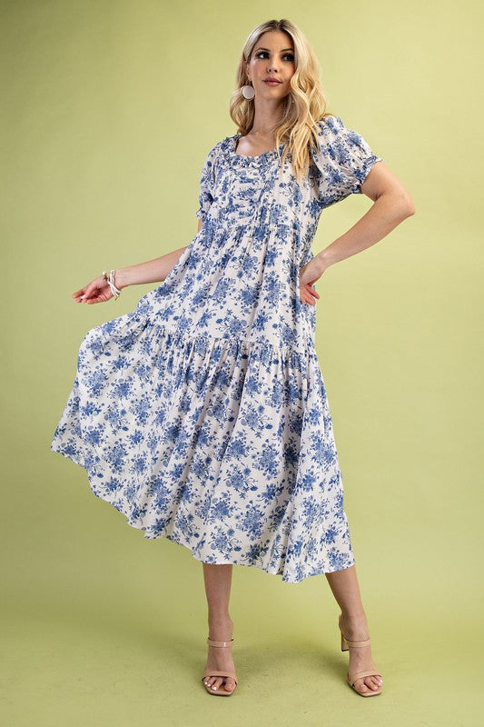 Vintage Floral Tiered Midi Dress