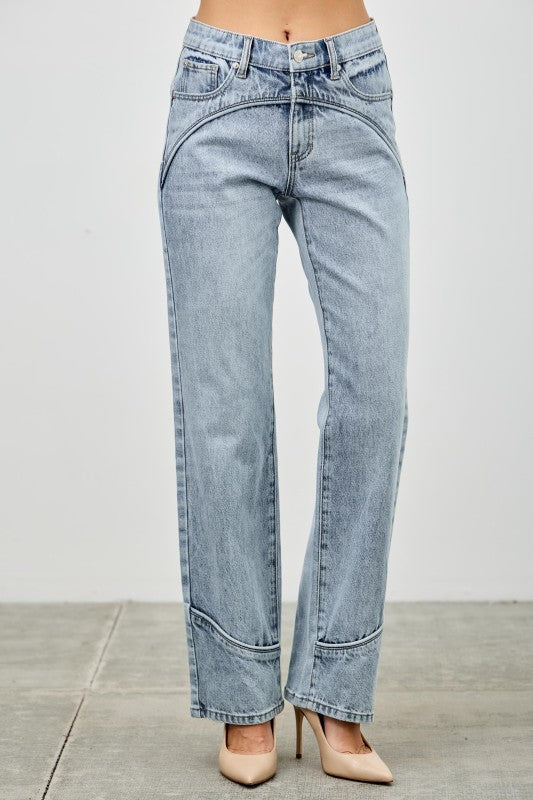 Mid Rise Straight Jeans With Piping