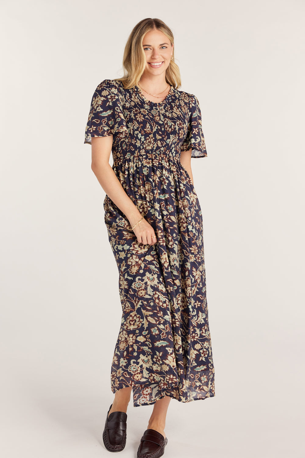 Ruffled Smocked Midi Dress