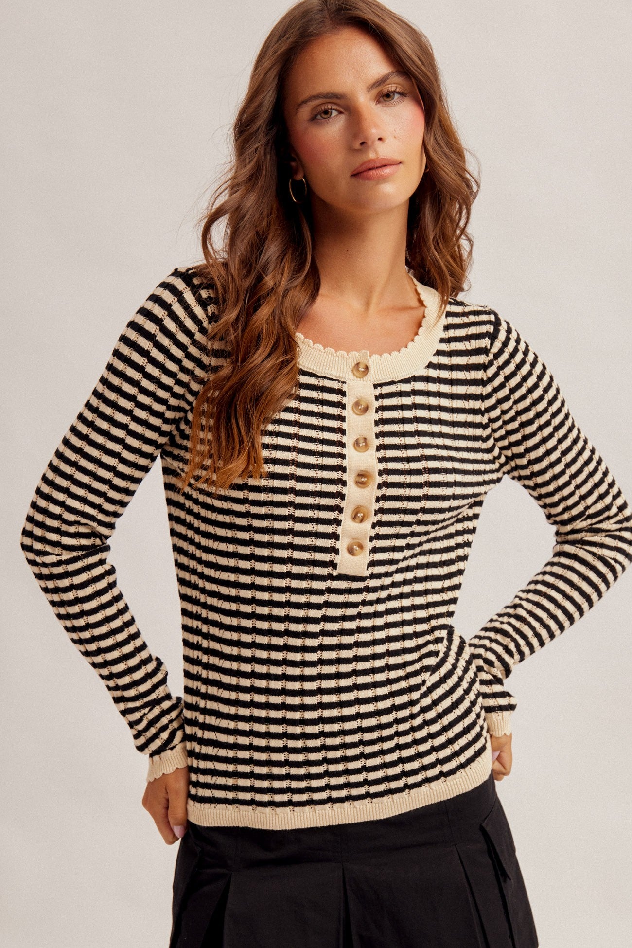 Pointelle Stripe Knit Henley Top