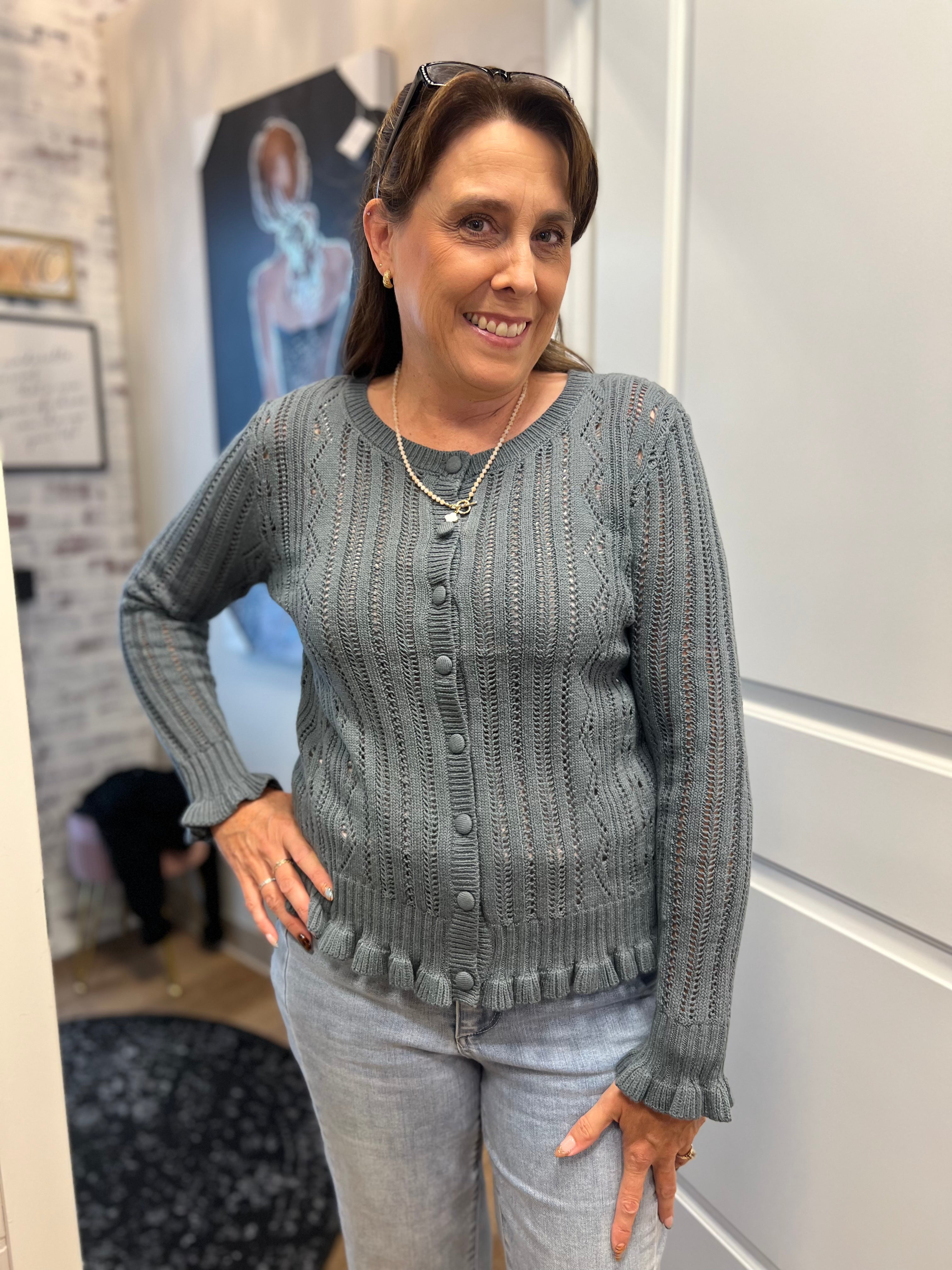 Ruffled Pointelle Crop Cardigan
