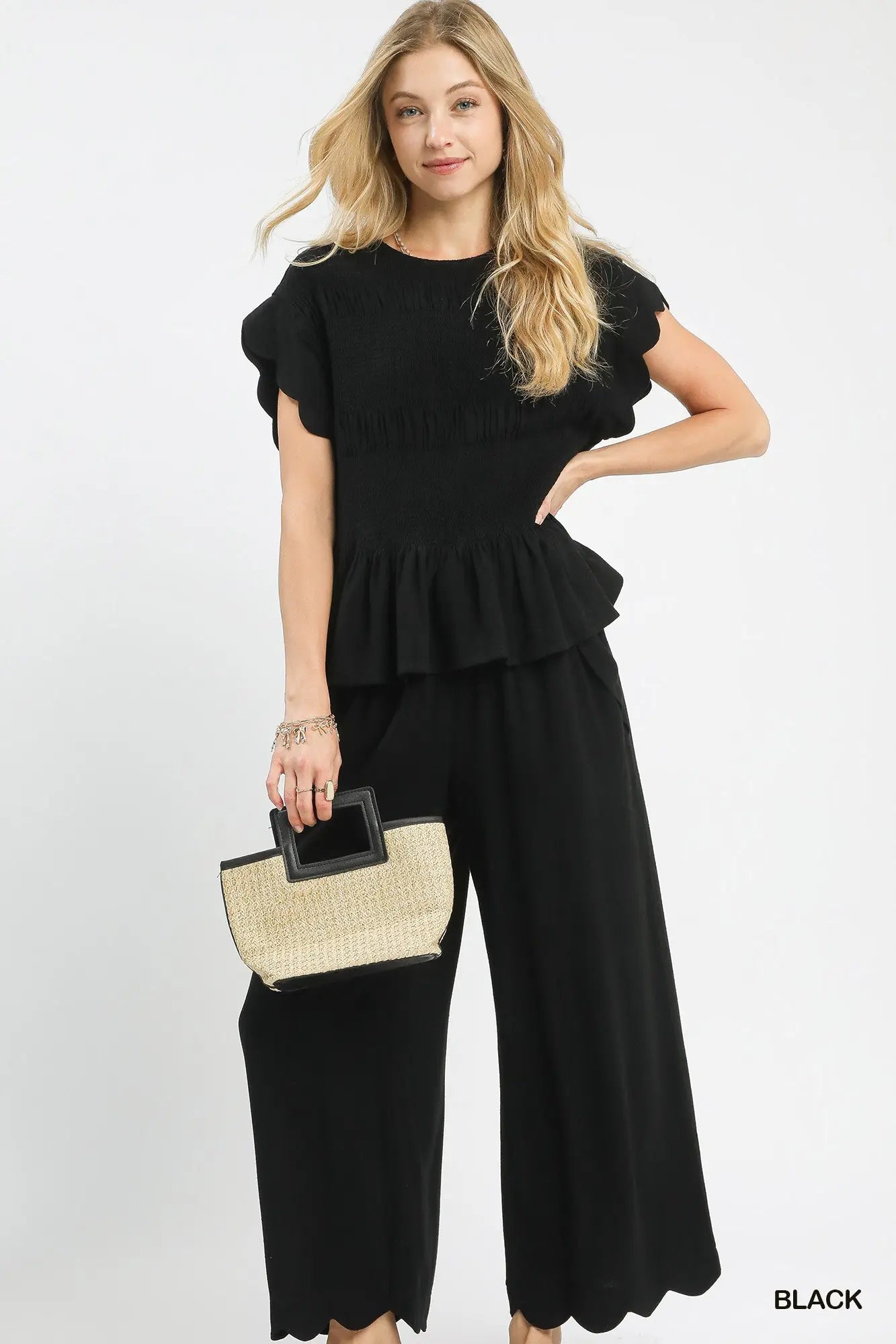 Linen Blend Scallop Hem Wide Leg Pants