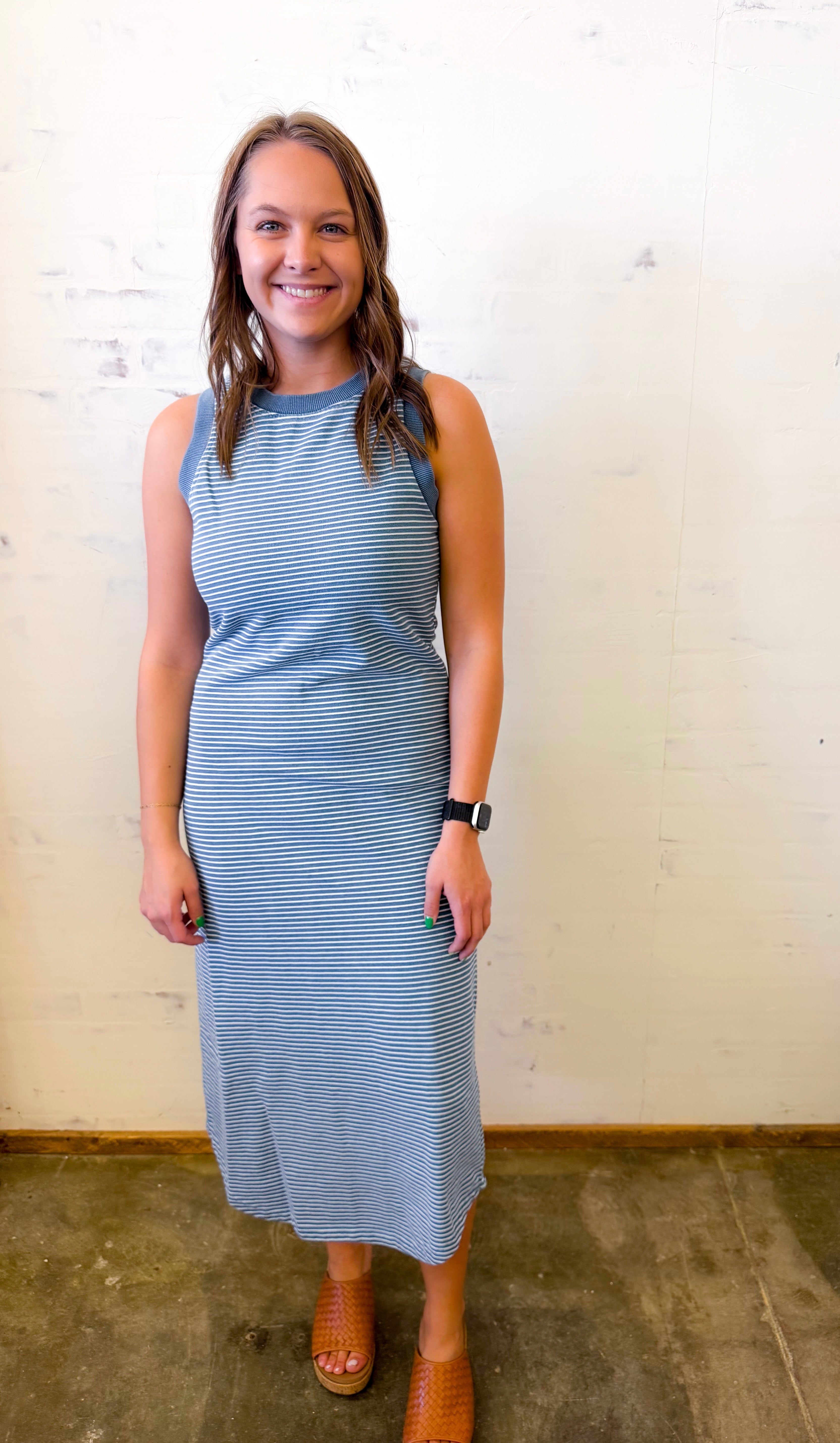 Washed Stripe Sleeveless Tank Knit Midi Dress