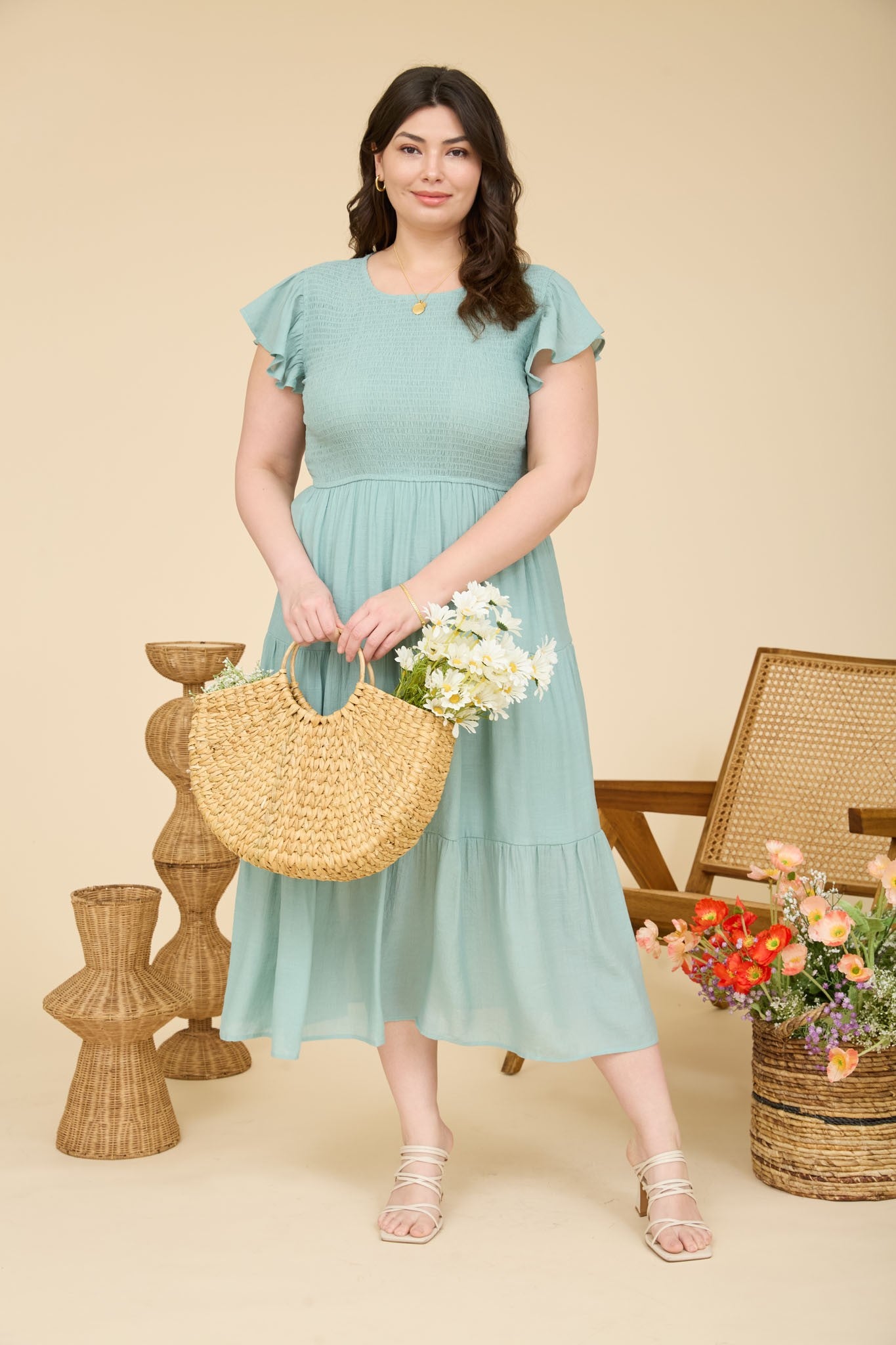 Curvy Tiered Smocked Short Sleeve Midi Dress