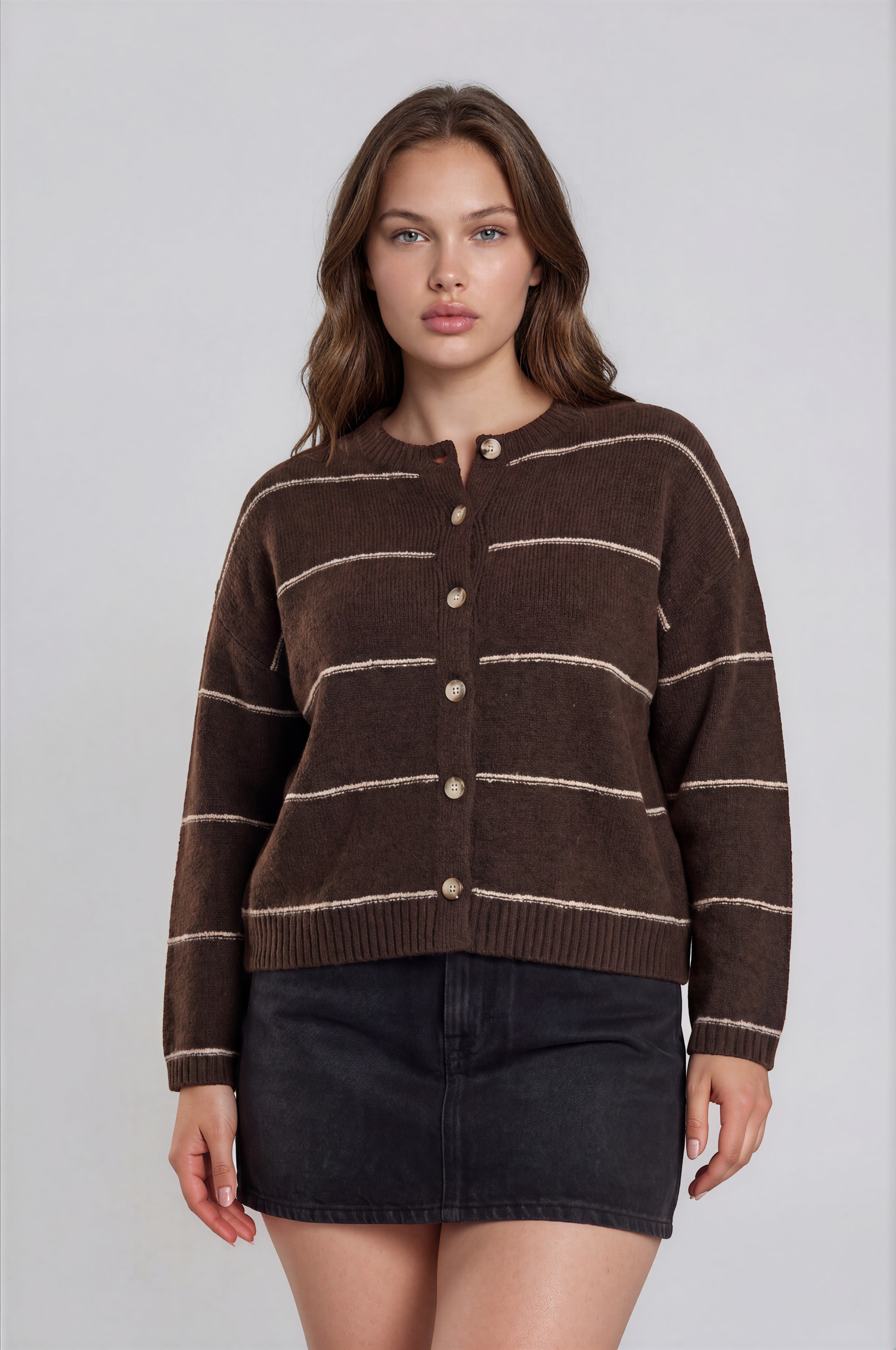 Plus Thin Stripe Round Neck Button Down Cardigan