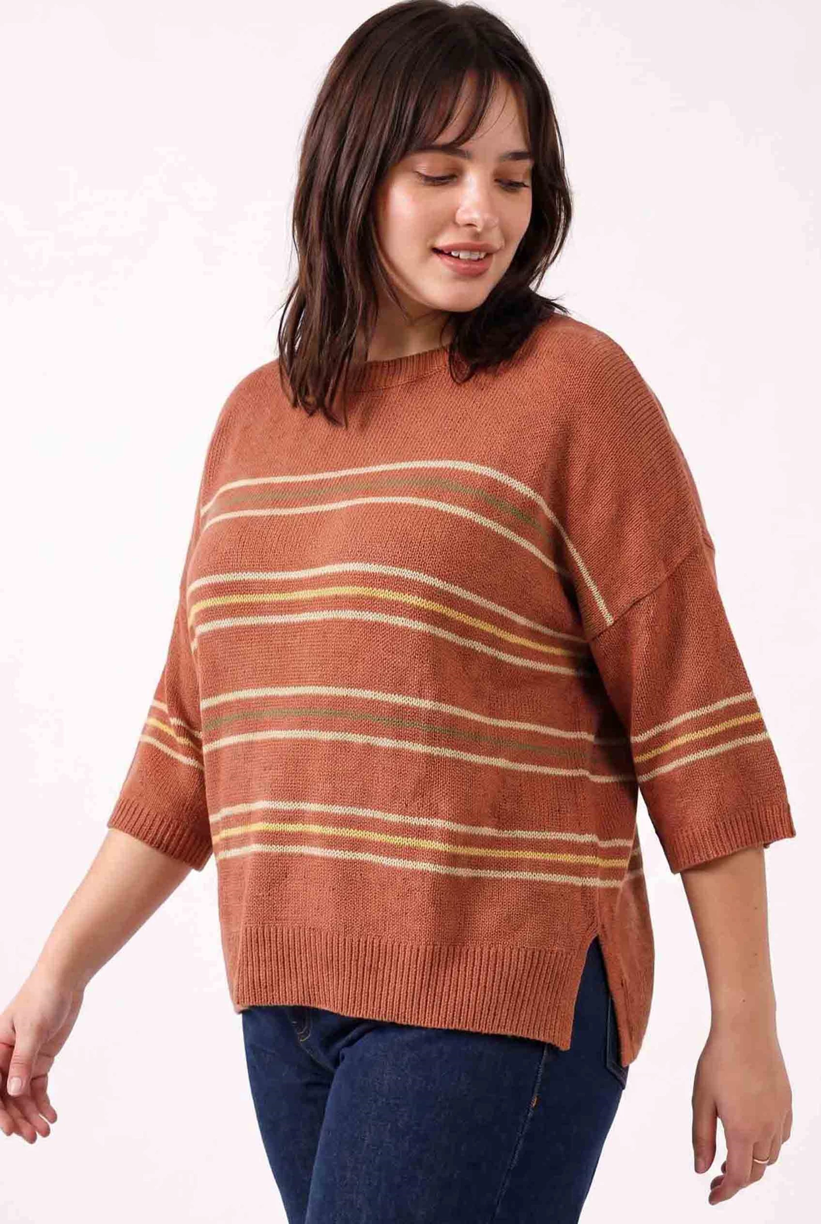 [Plus] Over Sized Drop Shoulder Striped Sweater